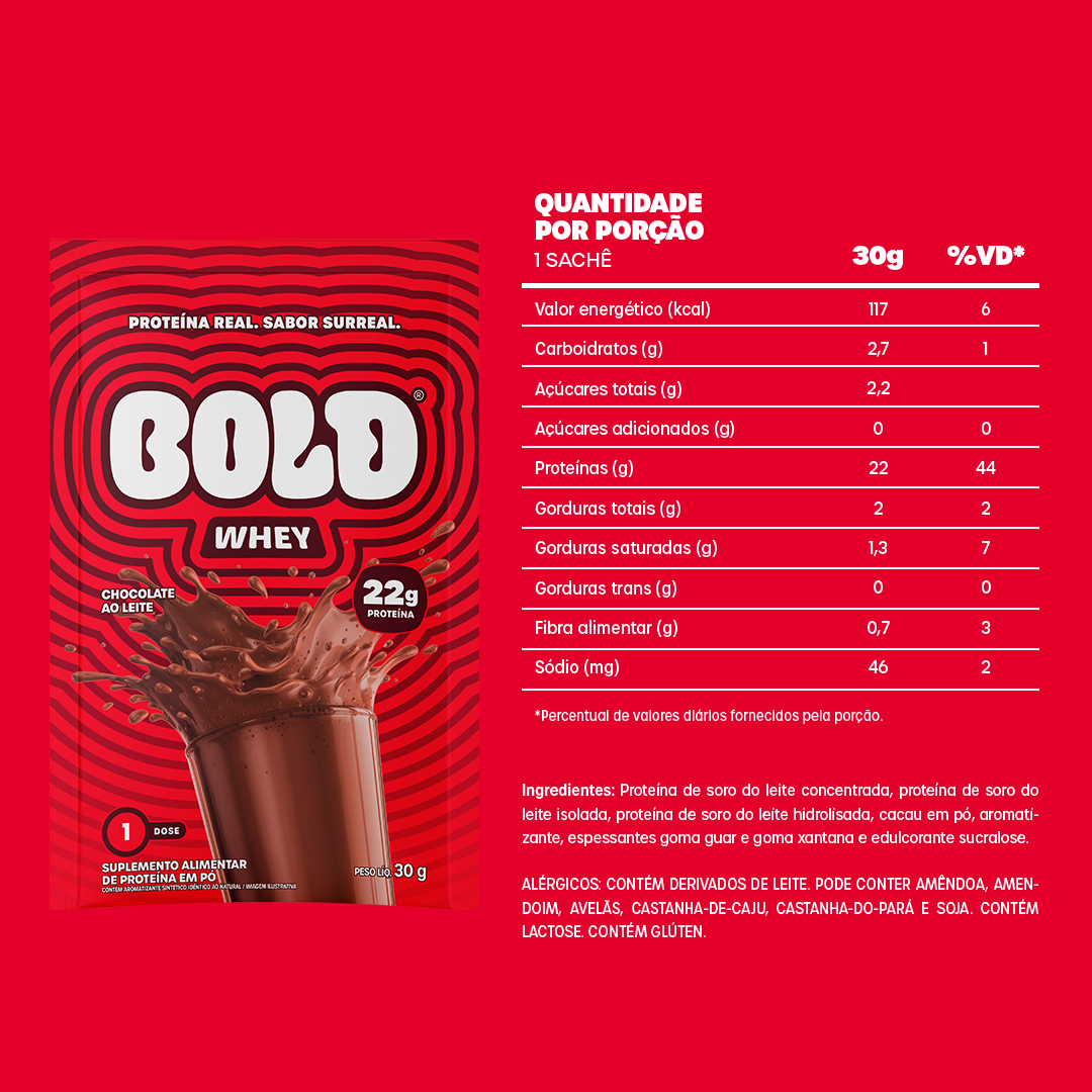 KIT 10 SACHÊS BOLD WHEY CHOCOLATE AO LEITE (30g/Un)