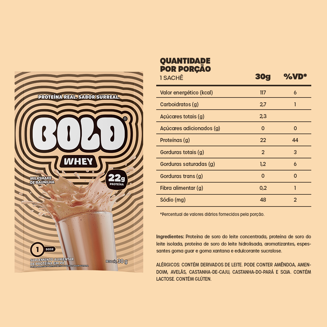 KIT 10 SACHÊS BOLD WHEY MILKSHAKE DE BAUNILHA (30g/Un)